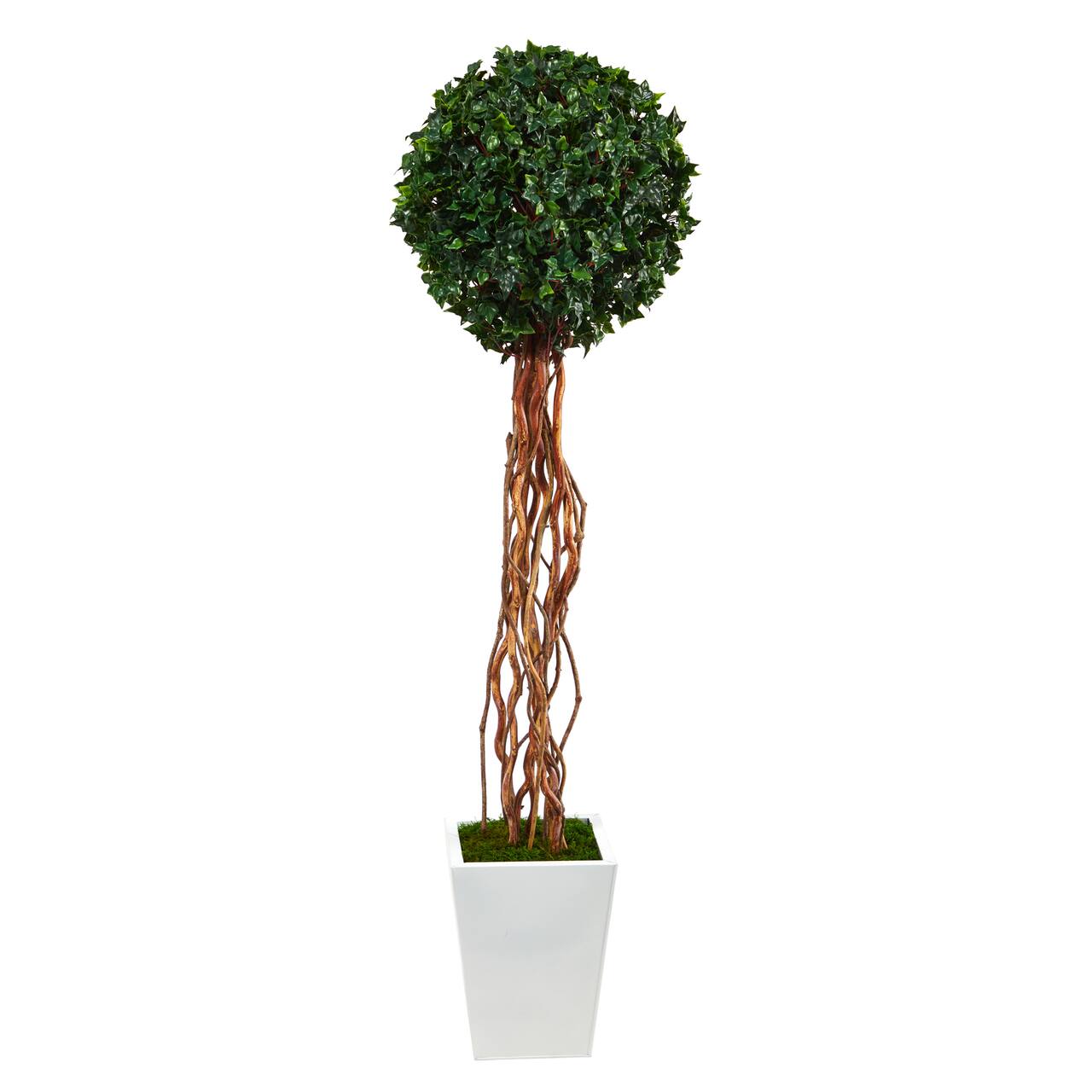 5ft. English Ivy Single Ball Artificial Topiary Tree in White Metal Planter UV Resistant (Indoor/Outdoor)